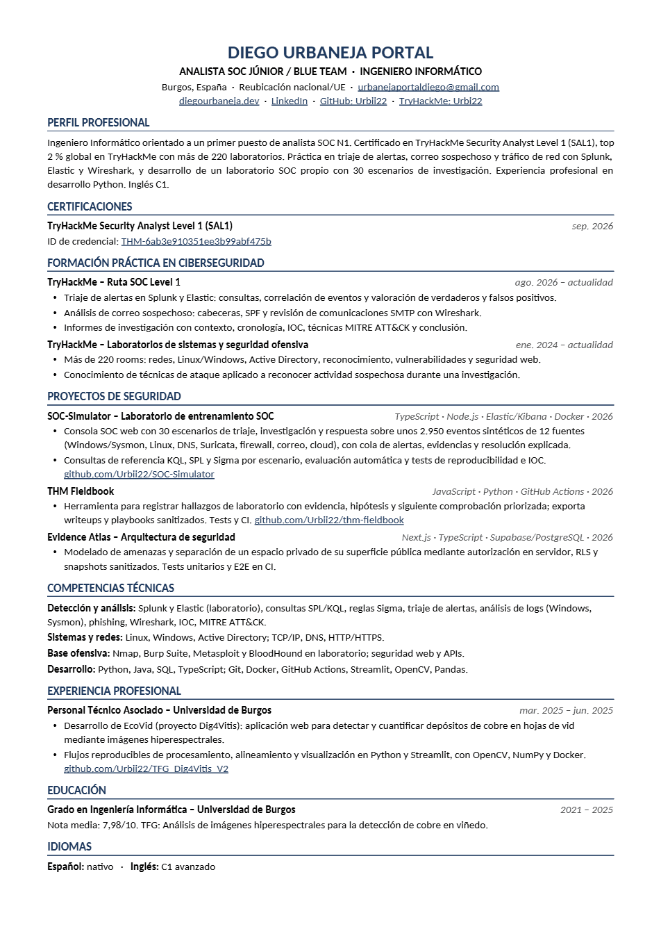 Primera página de mi CV en PDF.